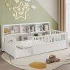 A twin-sized wooden floor bed with a fence-style guardrail, side storage decorative function, and the color is white