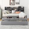 Full Size Wooden Captain Bed with Built-in Bookshelves, Three Storage Drawers and Trundle, Light Grey