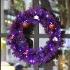 24in Pre-lit Halloween-Themed Christmas Wreath, Lighted Artificial Xmas Wreath with 50 Purple & Orange Lights and 100 PVC Tips and DIY Ball Ornaments
