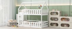 Twin over Twin House Bunk Bed with Fence and Door, White