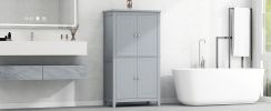 Elegant Bathroom Floor Storage Cabinet, Bathroom Storage Unit, Freestanding Cabinet with 4 Doors, Adjustable Shelves, Adaptable Shelves, Grey