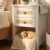 Farmhouse Nightstand, Boho Bedside Table with 2 Rattan Decor Drawers, Accent End Table with Open Storage Shelf, Wood Bedside Unit for Bedroom