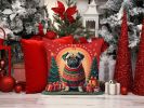 Fawn Pug Christmas Throw Pillow Machine Washable, Indoor Outdoor Decorative Pillow for Couch, Bed or Patio, 14Hx14W