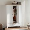 3 Doors Wardrobe Closet with 2 Drawers, Bedroom Armoire with Lockable Drawer, Hanging Rod and Storage Shelves, White