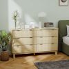 6 Drawer Double Dresser for Bedroom, Fluted Chest of Drawers with Gold Finger Pulls and 5 Wood Legs, Natural Wood
