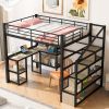 Full Size Metal Loft bed with Staircase, Built-in Desk and Shelves, Black