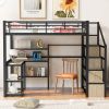 Full Size Metal Loft bed with Staircase, Built-in Desk and Shelves, Black