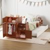 Twin Size Wood Platform Bed with Sample Bookshelf and Movable Wardrobe, Multifunctional Bed with Built-in Trundle Bed, Walnut
