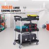 Foldable Utility Service Cart, 3 Shelf 165LBS Heavy Duty Plastic Rolling Cart with Lockable Wheels, Ergonomic Handle
