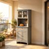 Elegant Gray Buffet with Hutch Kitchen Pantry Storage Cabinet Featuring Framed Glass Door Drawer And Microwave Space