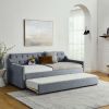 Twin Size Upholstery DayBed with Twin Size Erectable Trundle and USB Charging Design, Linen Grey