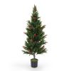 Set of 2 Artificial Cedar Topiary Trees with Red Berries, 5.25 Ft. Tall Fake Evergreen Potted Pine Plants, Faux Trees for Outdoor Home Porch Decor