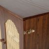 Queen Size Murphy Bed, Pine Wood Cabinet Bed with Power Station and Rattan Decoration Panel,Walnut
