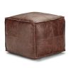 Brody 18 inch Wide Square Top Stitch Pouf in Distressed Brown Genuine Leather