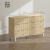 6 Drawer Double Dresser for Bedroom, Fluted Chest of Drawers with Gold Finger Pulls and 5 Wood Legs, Natural Wood