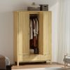 3 Doors Wardrobe Closet with 2 Drawers, Bedroom Armoire with Lockable Drawer, Hanging Rod and Storage Shelves, Natural