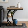 3-Story C-Shape Industrial Design Coffee Table with Storage in Natural Wood Side Table for Living Room Bedroom