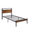 Twin Size Metal Platform Bed Frame with Wooden Headboard and Footboard with USB LINER, LED Lights ,No Box Spring Needed, Large Under Bed Storage, Easy