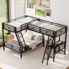 Twin over Full Bunk Bed with a Twin Size Loft Bed attached, with a Desk, Metal, Black