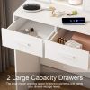 Small Makeup Vanity Desk with Mirror & Adjustable LED Lights,Built-in Power Outlet & Hidden Storage, Includes padded stool & Shelf