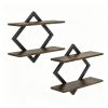 Black Rustic Brown 2Tier Floating Wall Shelves Set of 2, Diamond Metal Frame Wall Mounted Storage Shelves for Living Room Kitchen Bedroom Office Decor