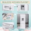Qaba Toy Kitchen Set with Drinking Fountain,Microwave, Fridge and Accessories, Kids Pretend Play Kitchen Set with Safe Material, White