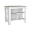 Kitchen Island, Kitchen Table 35" H, Three Open Storage Shelves, Four Legs, White / Light Gray