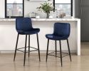Set of 2 Pub Height Chairs Dark Blue Velvet Upholstery Modern Casual Dining Furniture Metal Legs, 29-inch Seat Height, Bar Chairs