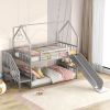 Twin over Twin Metal Bunk Bed House Bed with Slide and Staircase, Silver