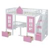 Twin-Over-Twin Bunk Bed with Changeable Table, Bunk Bed Turn into Upper Bed and Down Desk -Pink
