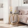 Modern 2-Tier Side Table with Tempered Glass Top & Faux Marble Base, Gold & White Round End Table