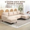 U Shape Couch with Double Chaise Lounge, Modern 4 Seater Sofa with Wooden Legs, Fabric Sofa for Living Room, Beige