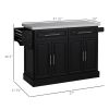 Portable Kitchen Island Cart, Black, on Wheels with Stainless Steel Top, Storage Cabinets, Spice Rack