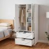 2 Door Wood Wardrobe for Bedroom with Hanging Clothing Rod inside the Cabinet and 2 Drawers for Storage Organization