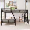 Twin over Full Bunk Bed with a Twin Size Loft Bed attached, with a Desk, Metal, Black