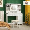 Vanity Desk Set with Mirror and Lights, Cushioned Stool, Storage Drawer, Cabinet, Shelves