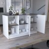 Juniper Kitchen Island With Large Dining Countertop, Double Door Cabinet with Interior Storage Shelves and, Two Open Shelves