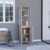 Linen Single Door Cabinet 59" H, Two Interior Shelves, Two Open Shelves, Light Gray