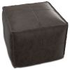 Brody 18 inch Wide Square Top Stitch Pouf in Distressed Dark Brown Genuine Leather