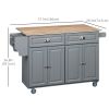 Kitchen Island with Storage, Rolling Kitchen Island with Drop Leaf, Rubber Wood Top and Adjustable Shelves, Grey