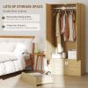 Modern Wardrobe Closet Armoire with 2 Drawers and Hanging Rod, Clothes Storage Organizer for Bedroom, Natural Wood