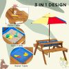 Outsunny Kids' 3-in-1 Sensory Table with Water & Sand Play, Foldable Umbrella, Teak Finish, for Ages 3-6