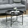Cafe Table for Living Room, 24" Round Center Table with Hammered Tray Top and Metal Frame for Bedroom, Black