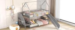 Twin over Twin Metal Bunk Bed House Bed with Slide and Staircase, Silver