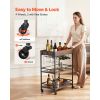 Bar Cart, 3 Tiers Home Kitchen Serving Carts, Industrial Rolling Utility Station on Wheel, Mobile Drink Beverage Shelf with Wine Rack & Glass Holder