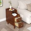 Solid Wood Night Side Table Narrow Bedside Table Nightstand with Pull-out Tray and 2 Storage Drawers