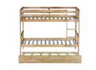 Twin Over Twin Rubber Wood Bunk Bed with Trundle, Convertible into 2 Twin Size Beds, Twin Size Bunk Bed with Ladder and Safety Guardrails,White Oak