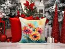 Gerbera Daisies in Watercolor Throw Pillow Machine Washable, Indoor Outdoor Decorative Pillow for Couch, Bed or Patio, 14Hx14W