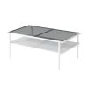 Modern Coffee Table, Tempered Glass Tabletop, Rectangle Coffee Table with Sturdy MDF Base and White Iron Legs, Easy Assembly Living Room Furniture
