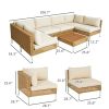 Outsunny 7 Piece Wicker Patio Furniture Set, Modular Outdoor Sectional with Thickened Cushions, Acacia Wood Table, Khaki/Beige